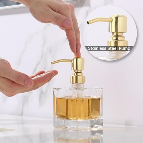 Image of Square Bathroom Soap Dispenser Brushed Gold, Glass Bottles with Stainless Steel Pump 8.4 OZ Cube Liquid Soap Dispenser Hand Kitchen