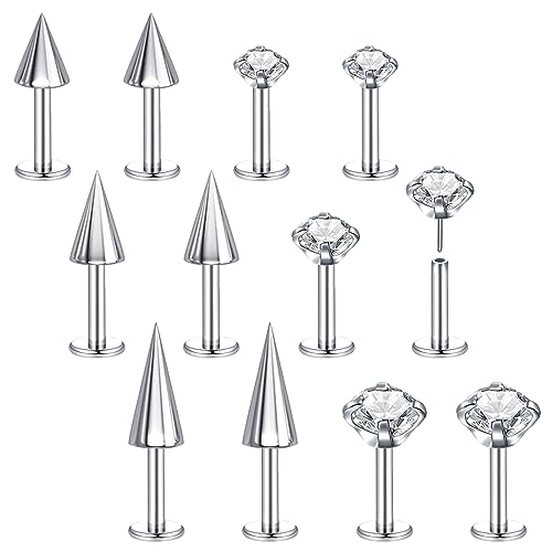 BodyAce Threadless Spike Flact Back Earrings Cartilage Lip Rings, 16G Stainless Steel Daith Helix Tragus Studs, Push in Rook Lobe Lip Piercing for Women Men