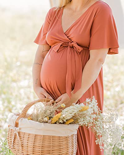 Kindred Bravely Maternity Maxi Wrap Dress | Maternity Baby Shower Dress For Photoshoot (Terracotta, Small) #TOP4