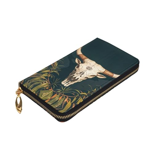 Women's Long Cash Wallet, PU Leather Elegant Clutch Change Purses with Zipper, Travel, Gifts (Bull Skull Tribal Print)3