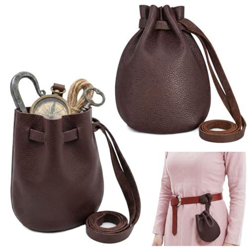 Mythrojan Leather Pouch Drawstring Storage Bag Medieval Belt Bag Renaissance Costume Accessories LARP Waist Bag Cosplay Coin Purse Antique Vintage Pouch (Brown)