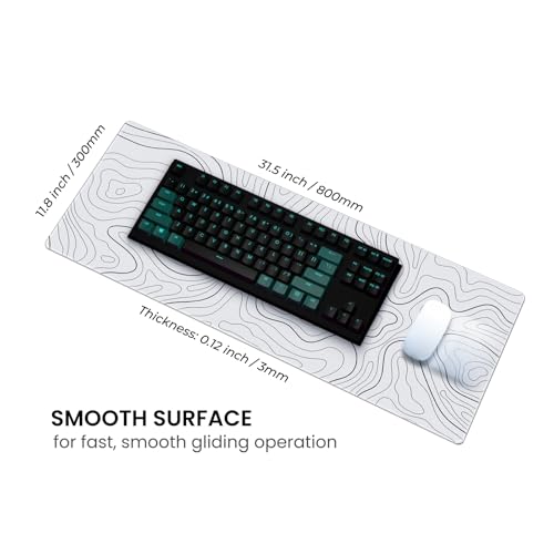 Long Gaming Mouse Pad 31.5 x 11.8 inches, Extended Anime Mousepad, Large Mouse Mat with Non-Slip Base, Full Keyboard Mat with Stitched Edges for Gaming Office (Grey White Topographic Line) - Image 5