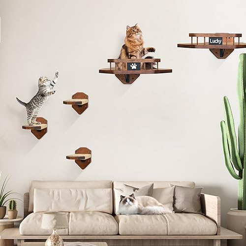 Cat Wall Furniture Wall Mounted, 2PCS Cat Shelves and Cat Perches for Wall with 3 Cat Wall Steps and Scratching Pad, Cat Wall Shelves Fit Cat Up to 15Lbs, Wood Cat Hammock Wall Mount (Brown)