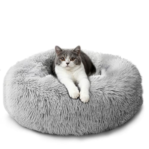 CALIYO Katzenbett Flauschig, Hundebett Kleine Hunde, Katzenkissen Hundekissen Waschbar, Trocknergeeignetes Katzen Bett, Hundebetten Rund Katzenkörbchen Durchmesser 50 cm(Hellgrau)