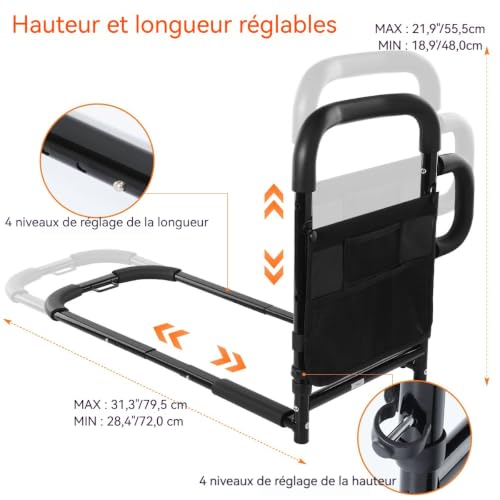 LMLJINTL Barre de Lit Adulte | Barrière de Lit Adulte avec Double Poignée de Support, Barre de Lit pour Personne Âgée, Barre d'Appui de Lit Réglable en Hauteur et Base, Supporte 150kg – vue 2