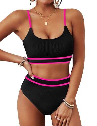 Image of BMJL Women's High Waisted Bikini Ribbed Two Piece Swimsuit High Cut Color Block Adjustable Straps Bathing Suit
