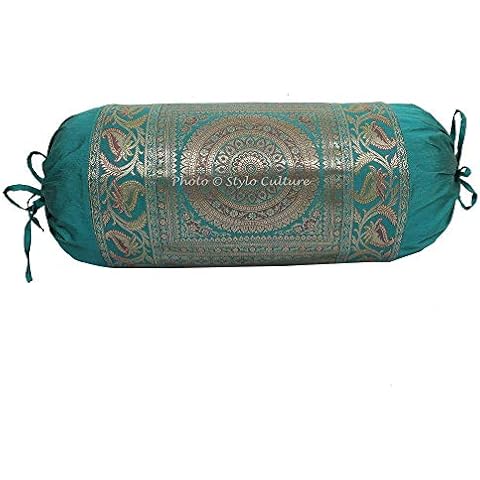 Stylo Culture Traditional Polydupion Cylindrical Yoga Bolster Pillow Cover Green Mandala Jacquard Brocade Weave Large Sofa Round Cylinder Cushion Cover (1 Pc) | 30x15 Inches (76x38 cm) Cover