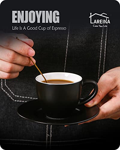 Lareina Espresso Cups With Saucers, Spoons And Metal Holder, 3 Oz Porcelain Demitasse Cups Set Of 6, Small Coffee Cups With Handle For Nespresso Lungo, Espresso, Cortado And Tea, Black #TOP3
