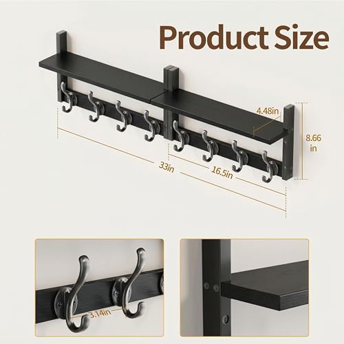 Image of 33 inch Coat Rack Wall Mount with Shelf, Entryway Wall Hooks with Shelf, Heavy Duty Coat Hanger Wall Mount for Living Room, Bedroom, Black