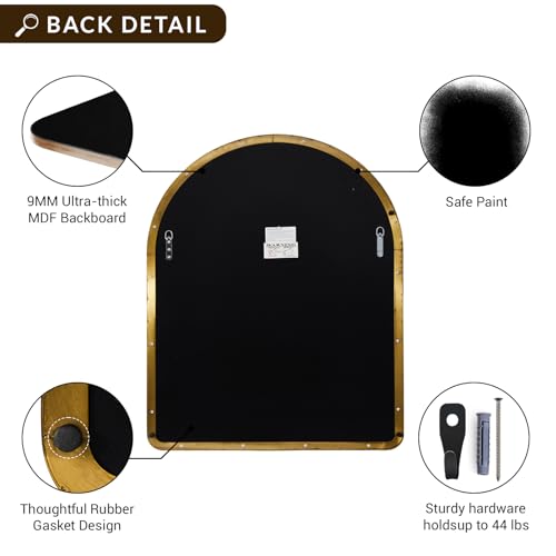 Image of ANDY STAR Arched Mirror, 30 x 36 Inch Gold Wall Mirror in Stainless Steel Metal Frame, Arch Top Rounded Corner 1 Inch Deep Set Design Wall Mount Hangs Vertical