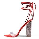 GENSHUO Sexy Strappy Rhinestone Chunky Sandals for Women 12cm/4.72inch Lace-up High Heels Transparent Open Toe Party Wedding Shoes Red 8.5