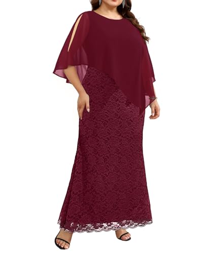 Image of Women's Plus Size Cape Dress with Chiffon Overlay Gown Formal Evening Lace Long Mermaid Dresses 2024