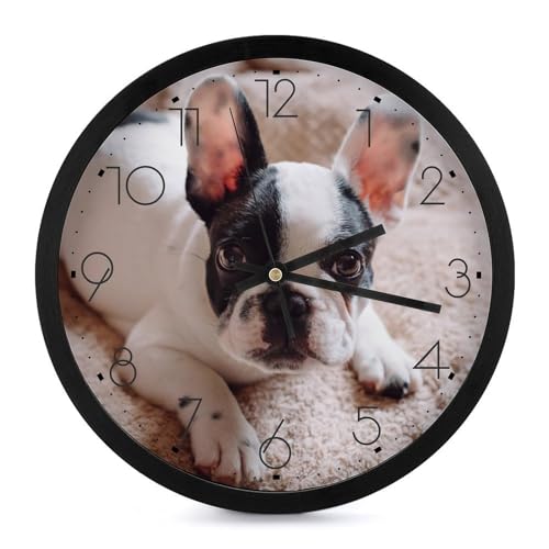 白黒の子犬のフレンチブルドッグ 掛け時計 おしゃれ 北欧 壁掛け時計 静音 自宅 寝室 部屋飾り 贈り物 インテリア 大数字 直径25cm 非電波 誕生日 プレゼント Black-style-38
