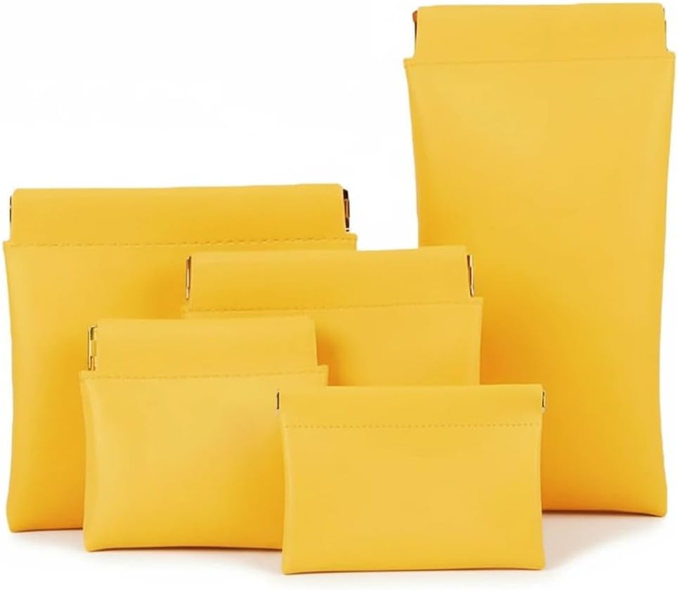 Leather Pouch,Personalized Snap Closure Cosmetic Bag,5 PCS Portable Pocket Organizer Pouch,No Zipper Self-Closing Design Small Travel Kit Storage for Cosmetics Jewelry Eyeglasses (yellow)