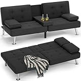 JUMMICO Fabric Upholstered Convertible Folding Futon Sofa Bed, Futon Couch with 2 Cupholders Removable Armrests and Metal Legs, Adjustable Recliner Couch Bed for Living Room (Fabric, Black)