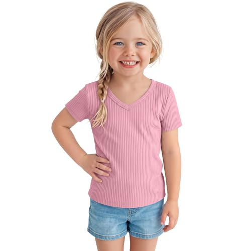 JoyMotion Toddler Girls Shirts Cotton Short Sleeve V Neck 18M-5T Baby Tops Ribbed Knit Fitted Casual Soft Summer Clothes(5 T,Light Pink)