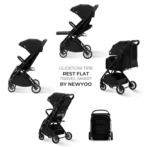 Image of newyoo GlideTow TR18M Travel Stroller, Compact Foldable Baby Stroller with Retractable Handle and Cup Holder, One-Hand Fold, Near Flat Recline Seat, Black