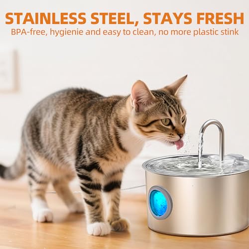 108oz/3.2L Stainless Steel Cat Water Fountain with Detachable Tank, Easy to Clean & Assemble, Pet Drinking Dispenser with Quiet Operation & LED Light, Gifts for Cats, Dogs and Small Pets by UPAWPIA - Used condition - Image 2