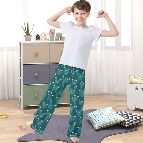 Boy's Pj Pants Dark Green Cactus Yellow Flower Lounge Bottoms Elastic Waist Kids Joggers with Pockets Size 6-144
