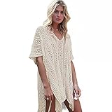MeeQee Vestido de Playa Mujer Playa Traje Verano Sexy Bikini Cover up V-Cuello Suelto Hueco Borlas Vestido Camisola de Playa Túnica de Punto
