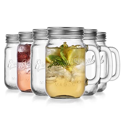 Glaver's Mason Jar 16 Oz. Glass Mugs With Handle And Lid Set Of 6 Old Fashioned Drinking Glass Bottles Original Mason Jar Pint Sized Cup Set. #TOP3
