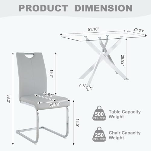 51.18" W Glass Dining Table Set for 4, Modern Rectangular Glass Kitchen Table with Sliver Metal Legs, 4 PU Leather Chairs with Silver Legs, for Dining Room, Home - Light Grey - Image 4