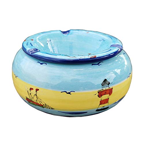 Windaschenbecher Küste Keramik Maritim Boot Leuchtturm Wind Becher Ascher Meer Nordsee Deko Aschenbecher (XL 14cm)