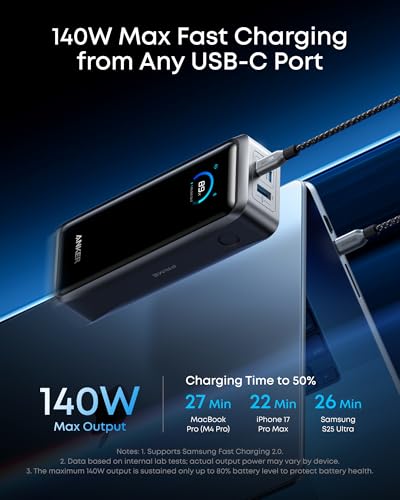 Anker Prime Power Bank, banco de energía portátil de 3 puertos de 26,250 mAh con salida máxima de 300 W, carga bidireccional, aprobado por la TSA, control por aplicación, para MacBook, iPhone 17/16