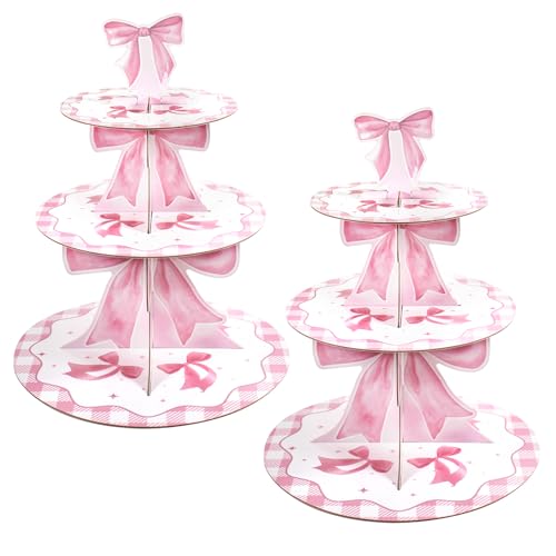 2 Pack Pink Bow Cupcake Stand Coquette Theme Birthday Party Decorations 3 Tier Pink Cupcake Holder Bow Party Supplies for Wedding Garden Birthday