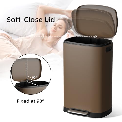 Image of KUK 13 Gallon Kitchen Trash Can with Lid, 50L /13Gal Office Step Garbage Can for Home, Kitchen, Laundry Room, Office, Brushed Stainless Steel, Brown