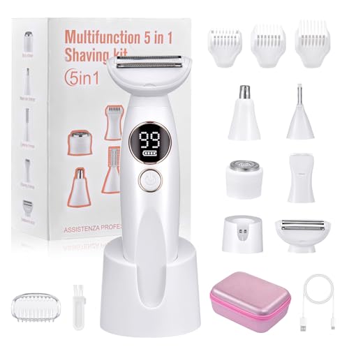 Afeitadora Electrica Mujer Zona Intima 5 en 1 Rasuradora Mujer Zona Intima Sin Dolor USB Recargable Rasuradora Mujer para Cara, Nariz, Axilas, Piernas, Bikini, Recortadora Mujer Zona Intima