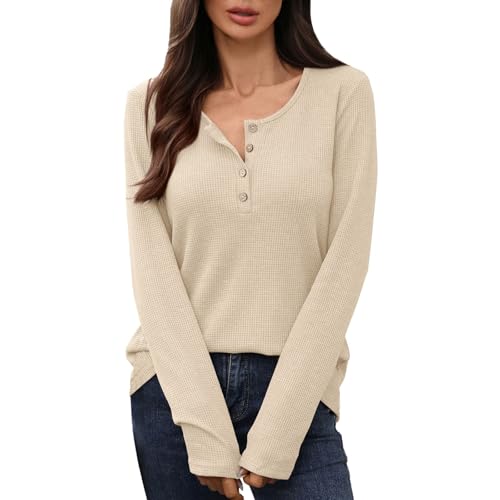 Women Waffle Knit Top Relaxed Fit Long Sleeves Henley Neck Button Front Soft Comfortable Casual Pullover