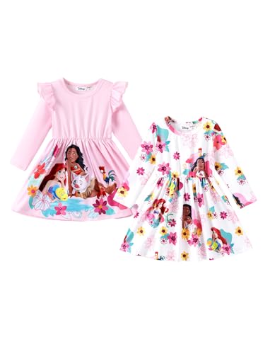 Disney Princess Moana&Ariel Toddler Girl Dresses 2 Pack Pink White Ruffle Long Sleeve Floral Print Dress Set Birthday Casual Fall Outfits 4-5T