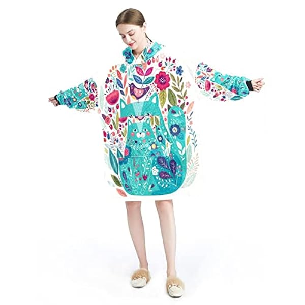 Draagbare deken hoodie, oversized capuchon voor vrouwen, comfortabel sweatshirt Kitty omringd door vogels bloemen lieveheersbeestjes, Multicolor, One Size