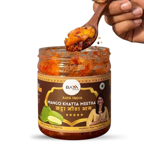 Baya India Khatta Meetha Mango Pickle, Sweet and Tangy Aam Ka Achar, Homemade Style, No Chemical and No Preservatives Pickle, No Onion No Garlic 250g Plastic Jar