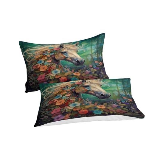 Housse de couette imprimé animal fleurs et chevaux 200x200cm avec fermeture éclair