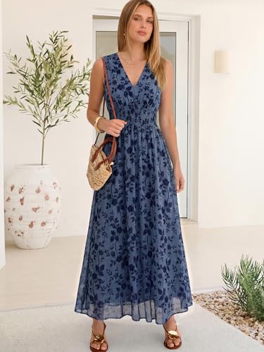 Image of ANRABESS Women's Floral Tulle Wedding Guest Maxi Dress | V Neck Sleeveless,A-Line Elastic Waist,Casual Flowy Formal Boho,Bridal Shower Garden Party Beach Vacation,Summer Fall