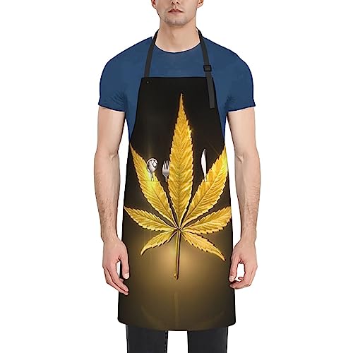 OUSIKA Goldene Cannabis-Schürze mit 2 Taschen, Unisex, Kochschürze, Latzschürze, verstellbare Kochschürzen für die Küche zu Hause, Schwarz , One size