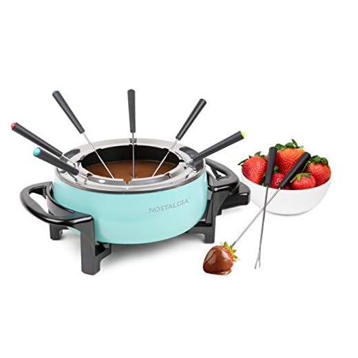 Nostalgia 12-Cup Electric Fondue Pot Set for Cheese & Chocolate - 8 Color-Coded Forks, Temperature Control - Stainless Steel Kitchen Gadgets and Appliances for Hors d'Oeuvres and More - Aqua