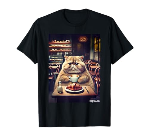 Totally Weird Tees Cafe Cat Croissant Coffee Funny Unisex-Adult T-Shirt
