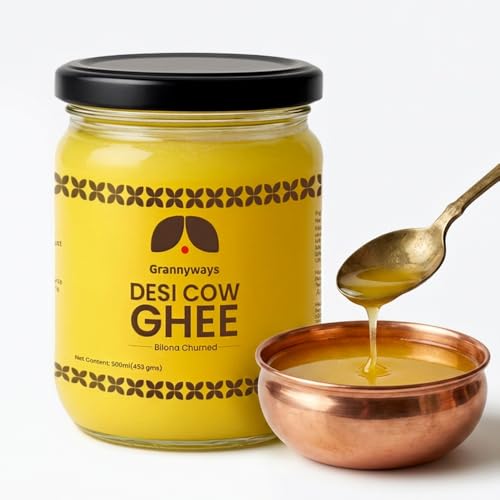 Image of Grannyways Premium A2 Cow Ghee - 500ml Danedar Desi Ghee | Extract from A2 Cow Milk | Bilona Method | Hand Churned | Traditional, Pure & Aromatic | Farm-Fresh in Glass Jar Packaging | Keto & Paleo Friendly