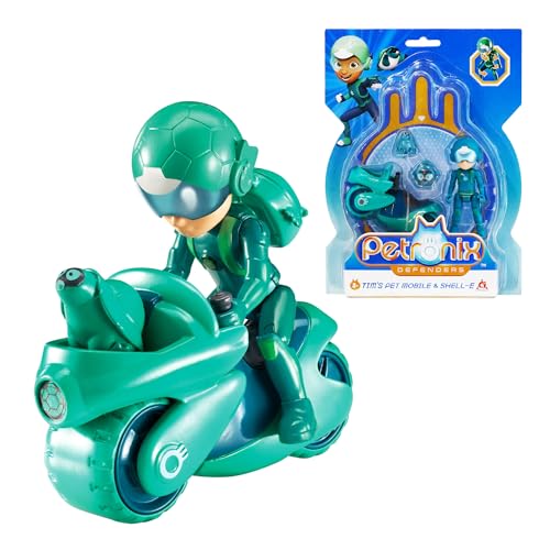 AlphaToys Petronix Defenders EU820030 - Tim Actionfigur & Pet Shell-E, ca. 8 cm große Spielfigur für Kinder mit tierischem Begleiter, inkl. Haustiermobil und Rucksack, grün