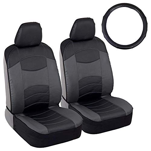 v-Leather Car Seat Covers & Steering Wheel Cover for Auto Care - Synthetic Leather Material - Carbon Fiber Accent Steering - Front Seat Coverage Protection (Dark Gray)