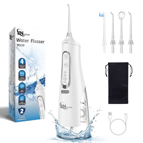 Image of JNGOODS Cordless Water Dental Flosser Oral irrigator,JNGOODS 310ml Rechargeable Water flosser for Teeth IPX7 Waterproof 4 Modes Portable Oral Irrigator with 4 Jet Tips,Travel Home use (White)