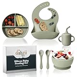 Dahzii 6-Piece Silicone Baby Feeding Set Non-Slip Suction Plate, Bowl, Spoon, Fork, Cup, Bib. BPA-Free, Dishwasher & Microwave Safe for Babies & Toddlers