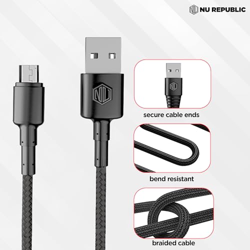 Image of Nu Republic Blaze Silk Micro Tangle Free USB 3.1A Unbreakable Rugged & Nylon Braided Charging Cable (Black)