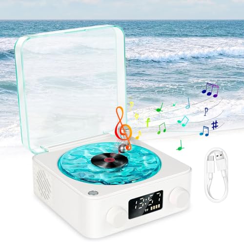 Waves Lecteur Vinyle, Haut-Parleur Bluetooth, Haut-Parleur Bluetooth sans Fil avec RVB, Lecteur de Disque Vinyle rétro, Haut-Parleur stéréo, Aide au Sommeil pour Chambre, Bureau, fête, Blanc