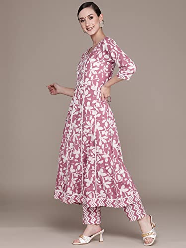 Image of ishin Women's Mauve Embroidered Anarkali Kurta with Trouser & Dupatta