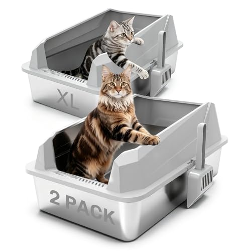 KYKY Tescat 2 Pack Stainless Steel Litter Box with Lid, XL Metal Litter Box with High Sides, Extra Large Litter Boxes for Big Cats and Multiple Cats, Leak-Proof, Rust-Proof, Non-Sticky and Easy Clean - image 8