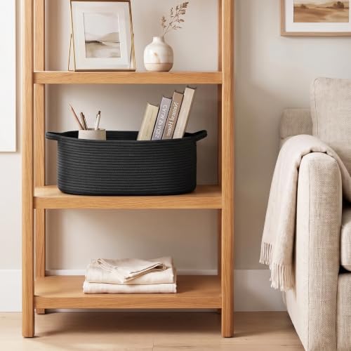 Image of Large Woven Gift Basket Empty, Cotton Rope Storage Bin with Handles, Dog Toy Box, Baby Nursery Organizer Bin, Decorative Shelf Basket for Laundry, Blanket Storage, Black, 19.6 inchx11 inchx7.8 inch